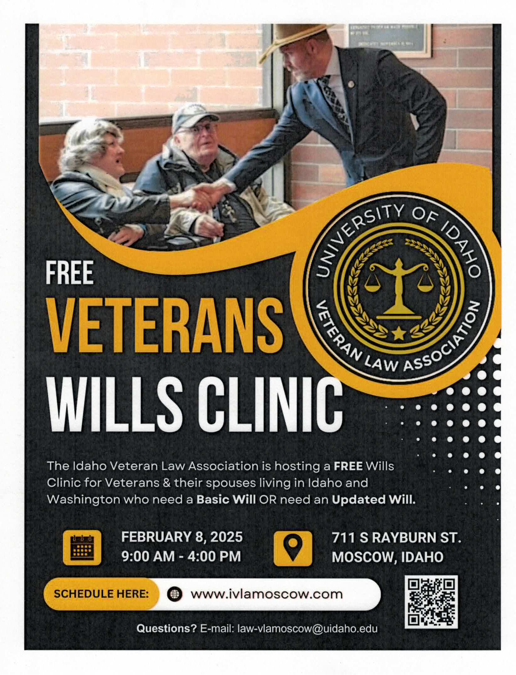 Free Veterans Wills Clinic in Moscow, Idaho – February 8, 2025, offering free will preparation for veterans and their spouses.