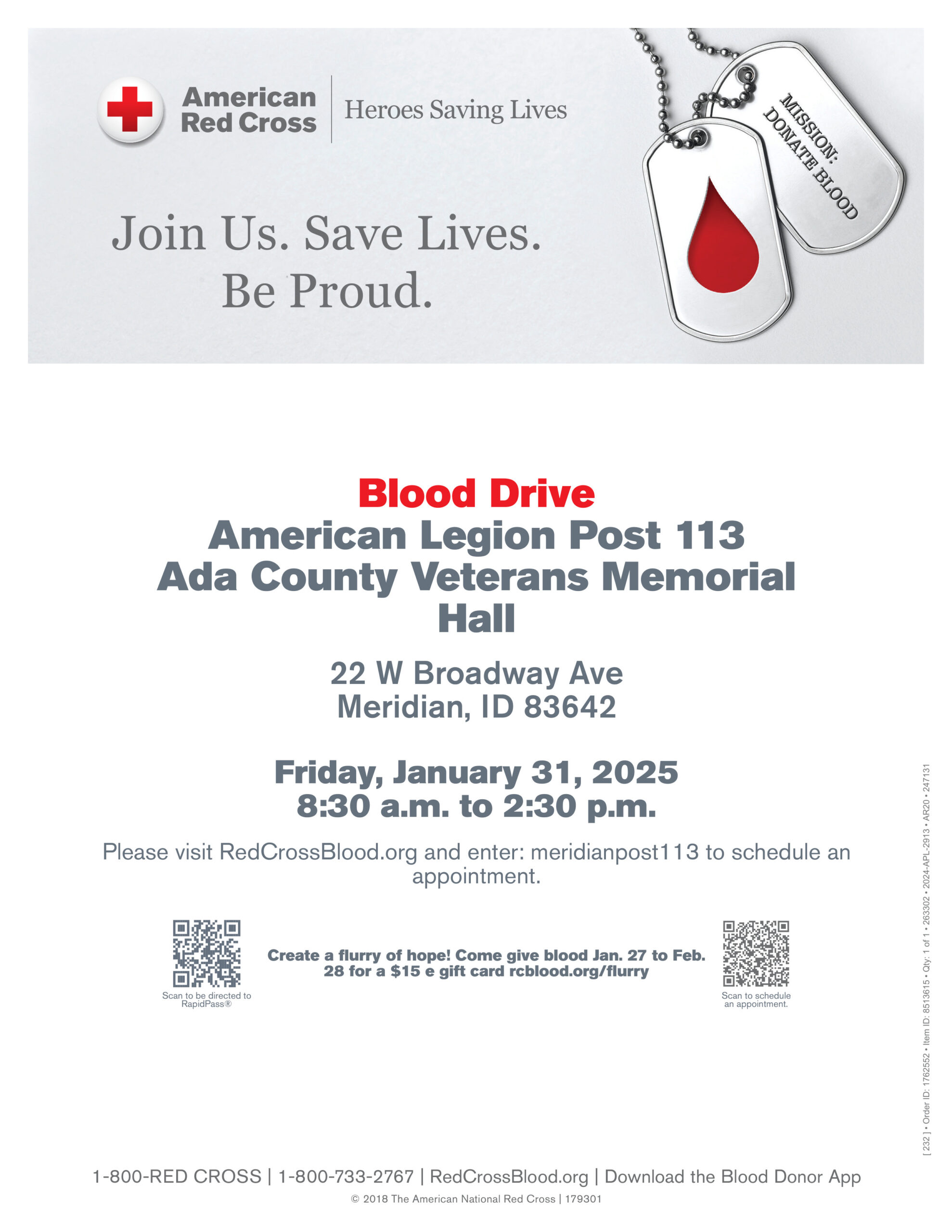 January 2025 Blood Drive at American Legion Post 113 in Meridian, Idaho – Donate blood and save lives!