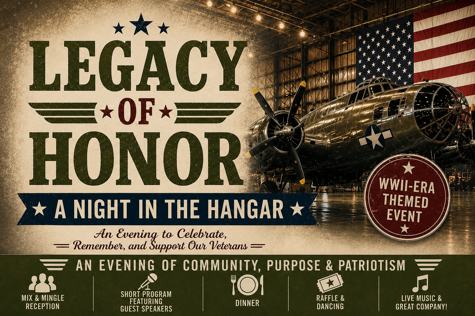 Flyer for Legacy of Honor: A Night in the Hangar, a WWII-era themed fundraiser dinner hosted by Idaho Honor Flight on Saturday June 6 2026 from 5:30 to 10:30 PM at the AVCenter at Pocatello Airport, featuring live music, dinner, guest speakers, and dancing to support sending Idaho veterans to Washington D.C.