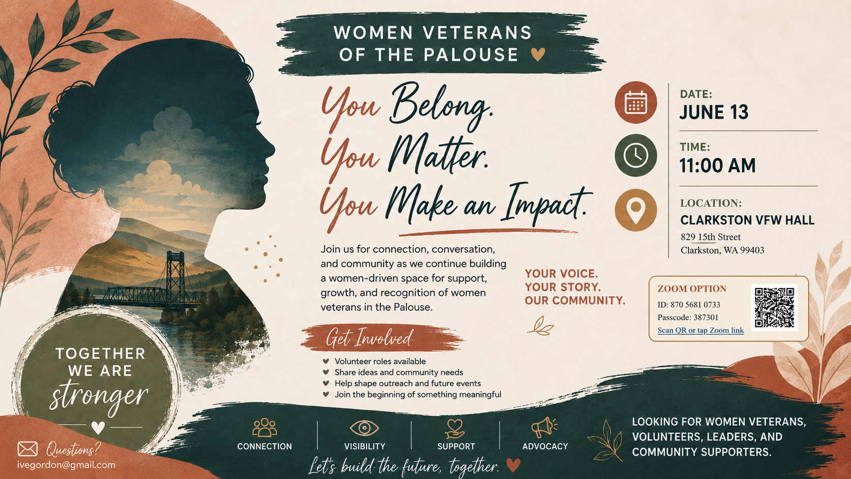 Flyer for the Women Veterans of the Palouse gathering on June 13 at Clarkston VFW Hall, featuring the message "You Belong. You Matter. You Make an Impact." with connection, visibility, support, and advocacy themes.