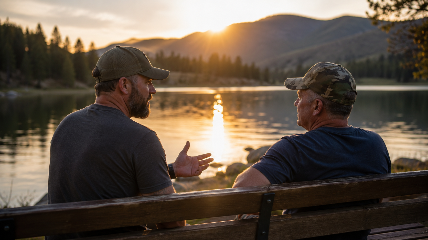 Two Veterans sitting on a beach talking